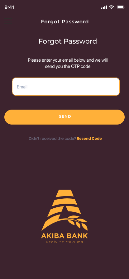 Akiba Bank app forgot password screen