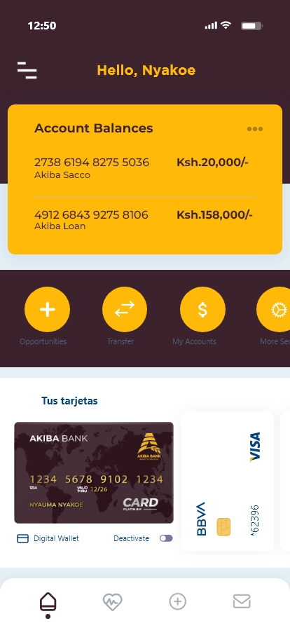 Akiba Bank app home dashboard with account balances
