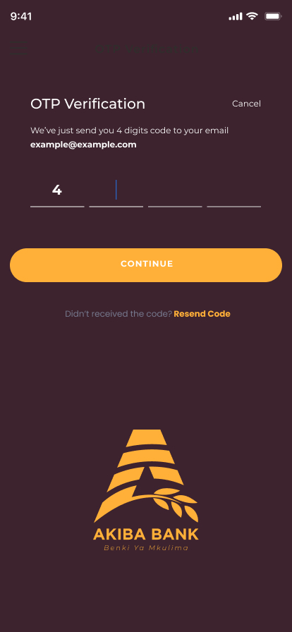 Akiba Bank app OTP verification screen