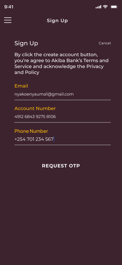 Akiba Bank app sign up screen, step one