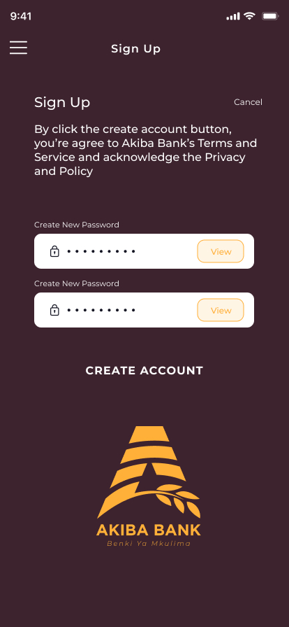 Akiba Bank app sign up screen, step two