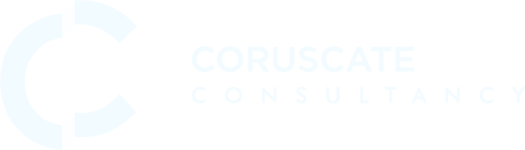Coruscate Consultancy logo, white version, on Pickled Bluewood