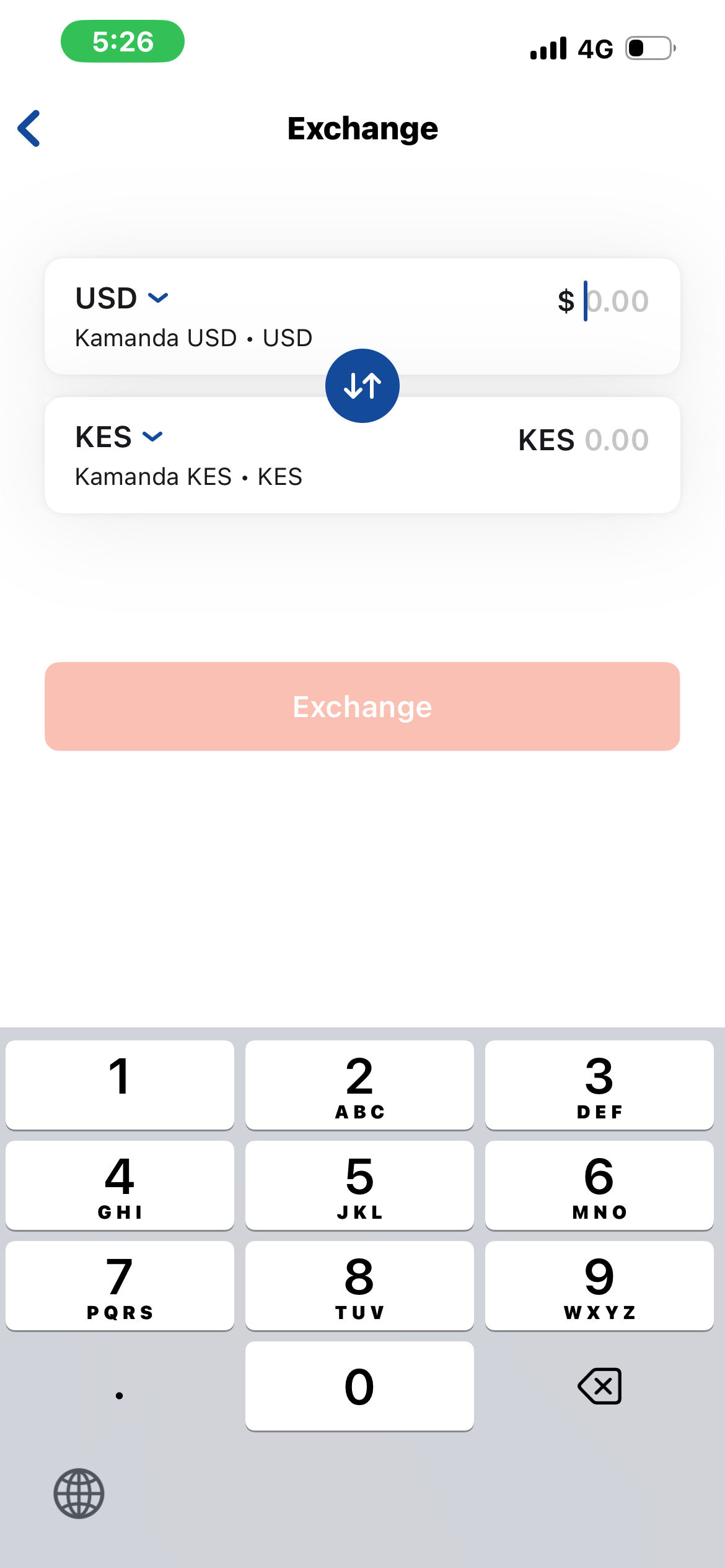 SalaamPay Exchange screen for USD/KES currency conversion