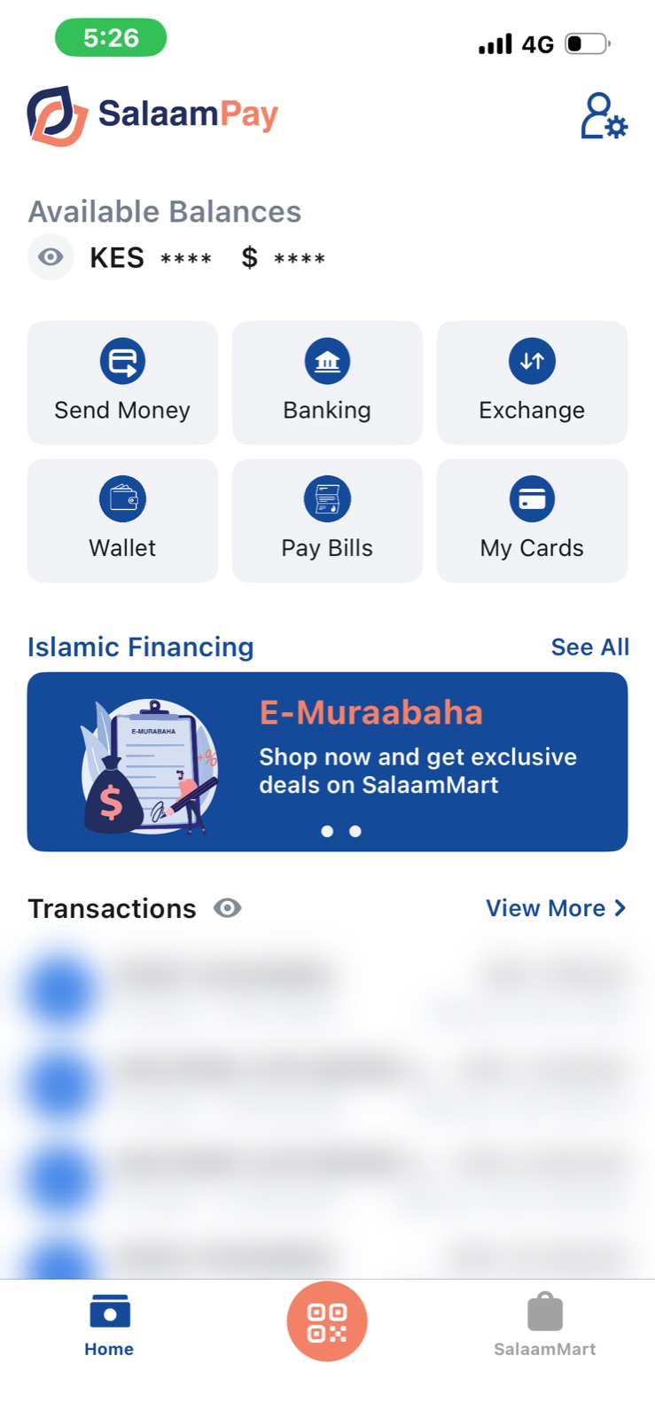 SalaamPay home screen showing available balances and quick-action tiles