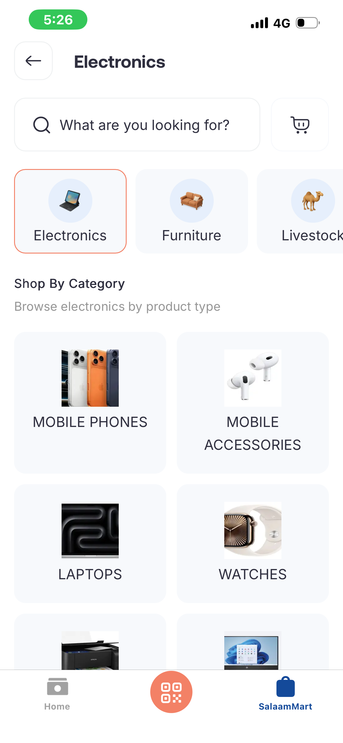 SalaamMart Electronics category page with subcategories