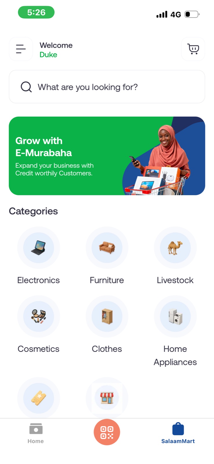 SalaamMart home screen with E-Murabaha banner and product categories