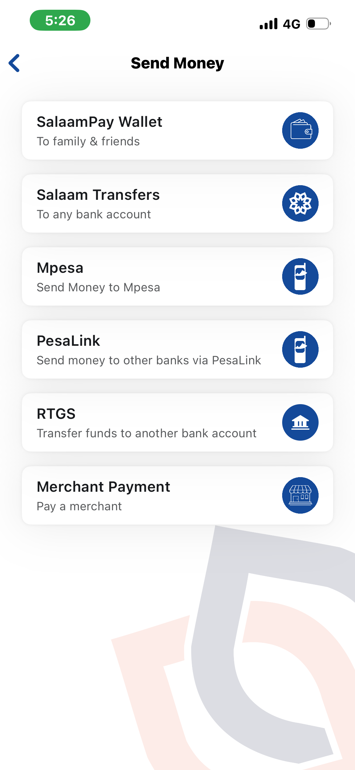 SalaamPay Send Money screen listing transfer options