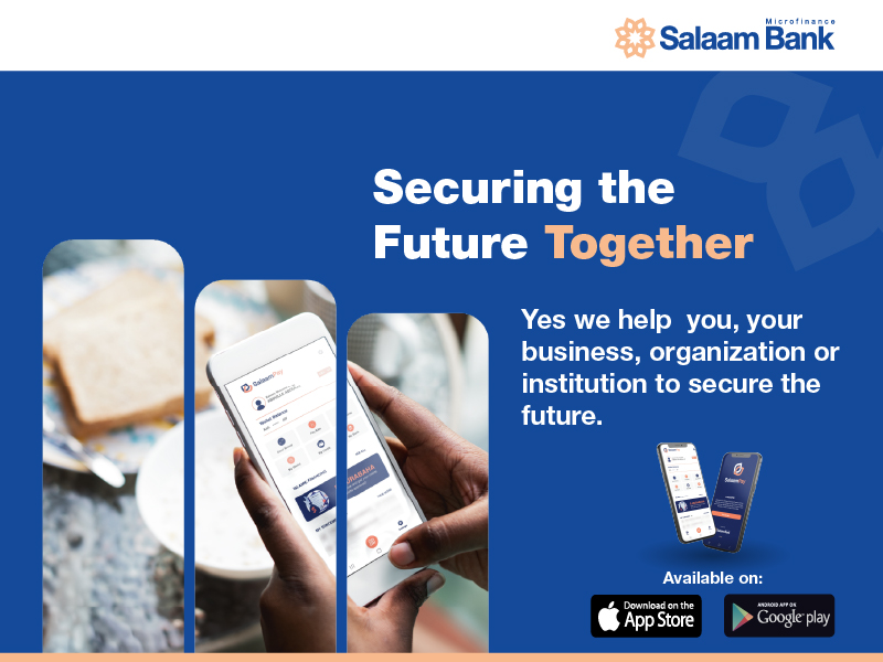 Salaam Bank promotional screen — Securing the Future Together, with app download prompts