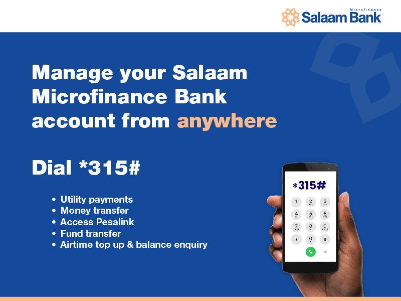 USSD banking promotional screen — Dial star 315 hash to manage your Salaam Microfinance Bank account from anywhere