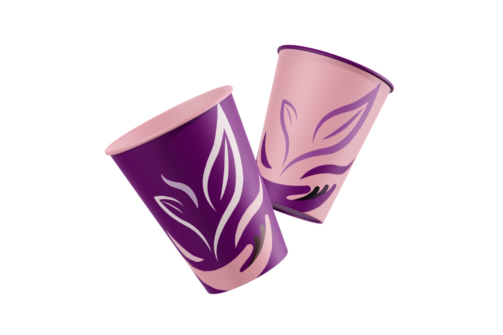 Branded paper cups in purple and pink